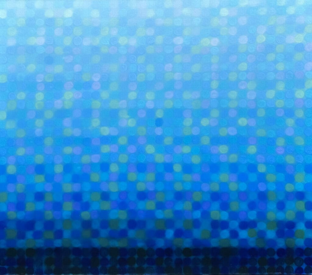 Abstract artwork featuring a gradient of blue and purple dots in a grid-like pattern