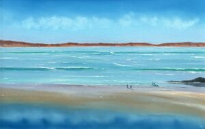 Painting of a beach with turquoise water, distant hills, and people walking