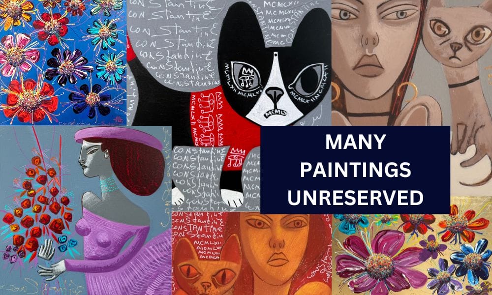Collage of colourful paintings with portraits and 'Many Paintings Unreserved' text