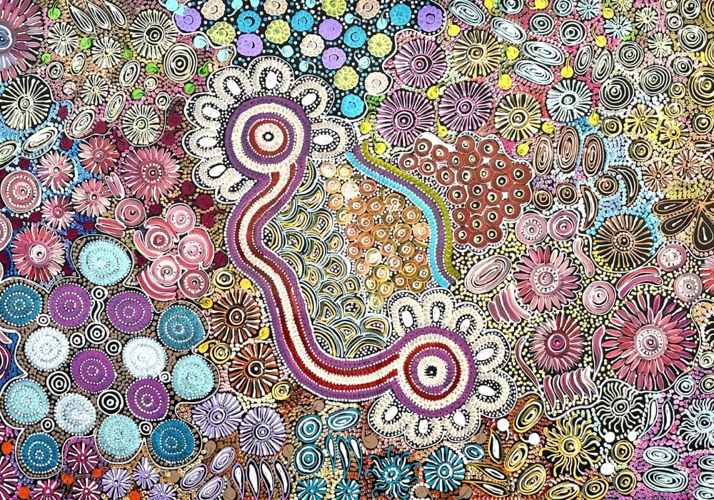 Modern abstract artwork featuring a complex interplay of shapes and colours