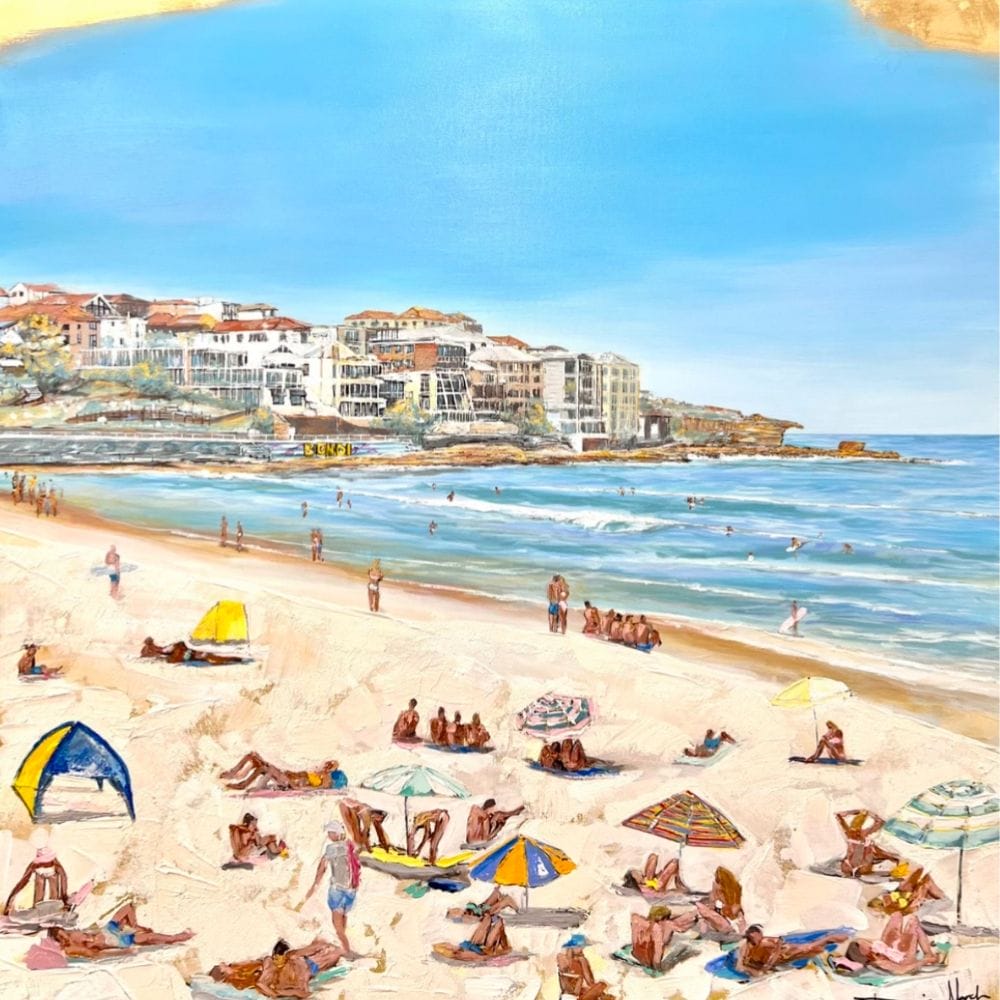 Painting of a busy beach with sunbathers, umbrellas, and coastal buildings