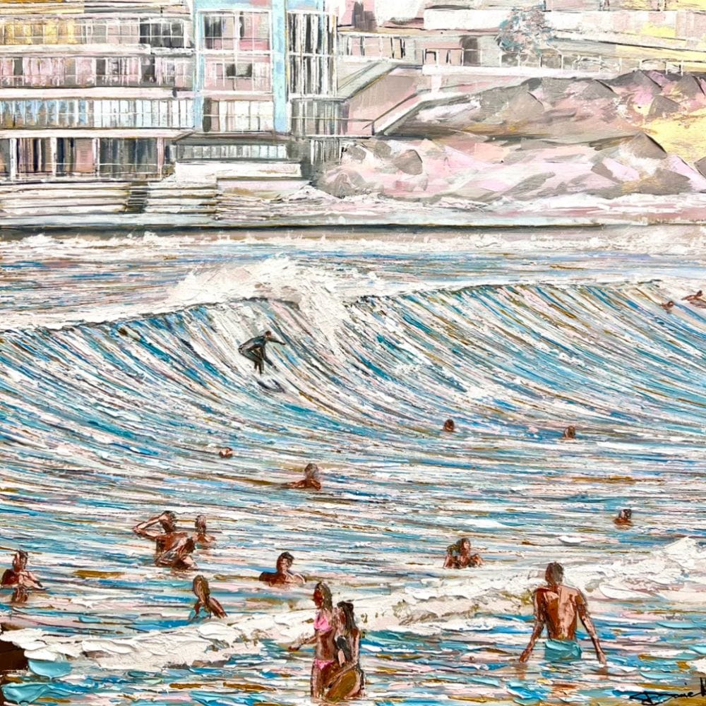 Textured painting of swimmers and a surfer enjoying waves near a coastal building