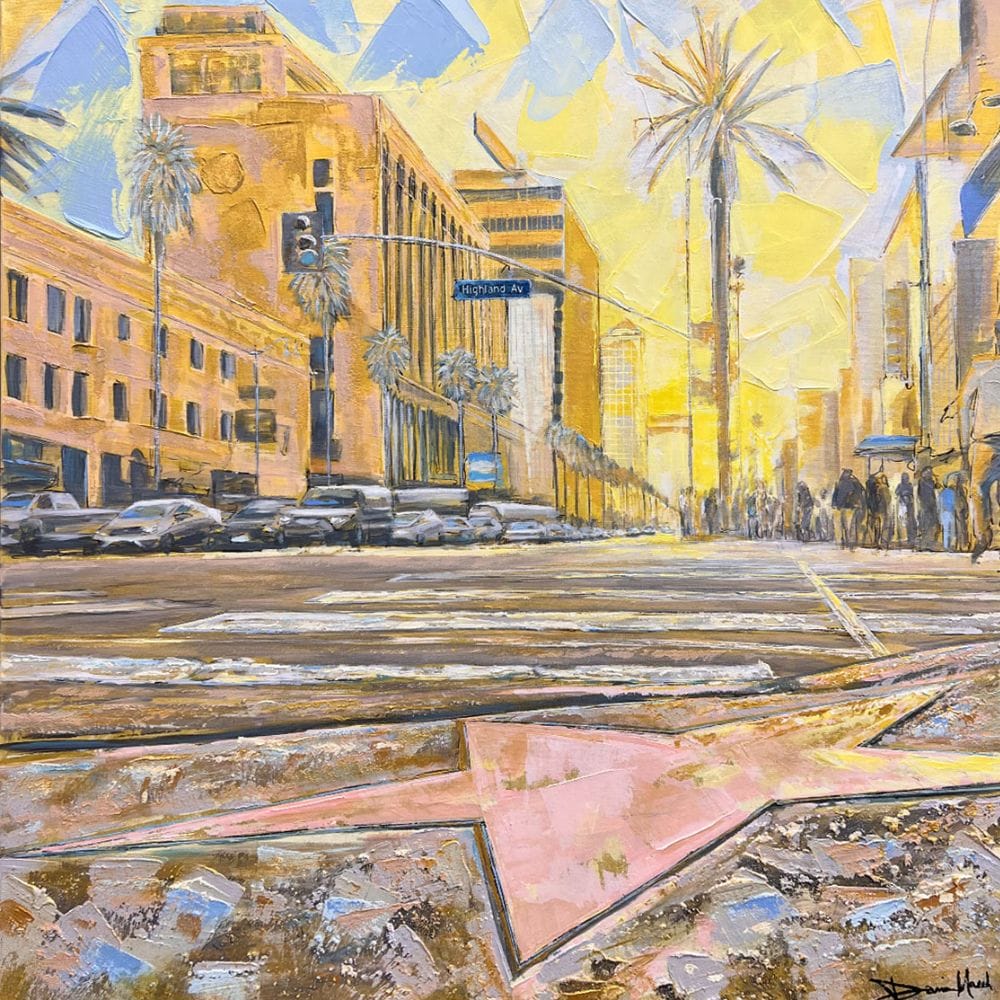 Painting of city street with palm trees, traffic, and a Hollywood star