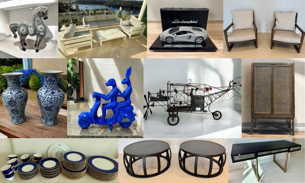 Collage of eclectic home items including furniture, sculptures, vases, and tableware