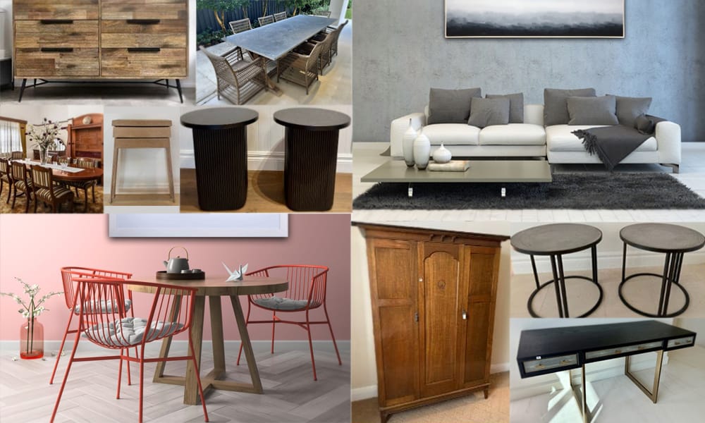 Collage of furniture including dining sets, coffee tables, cabinets, and seating